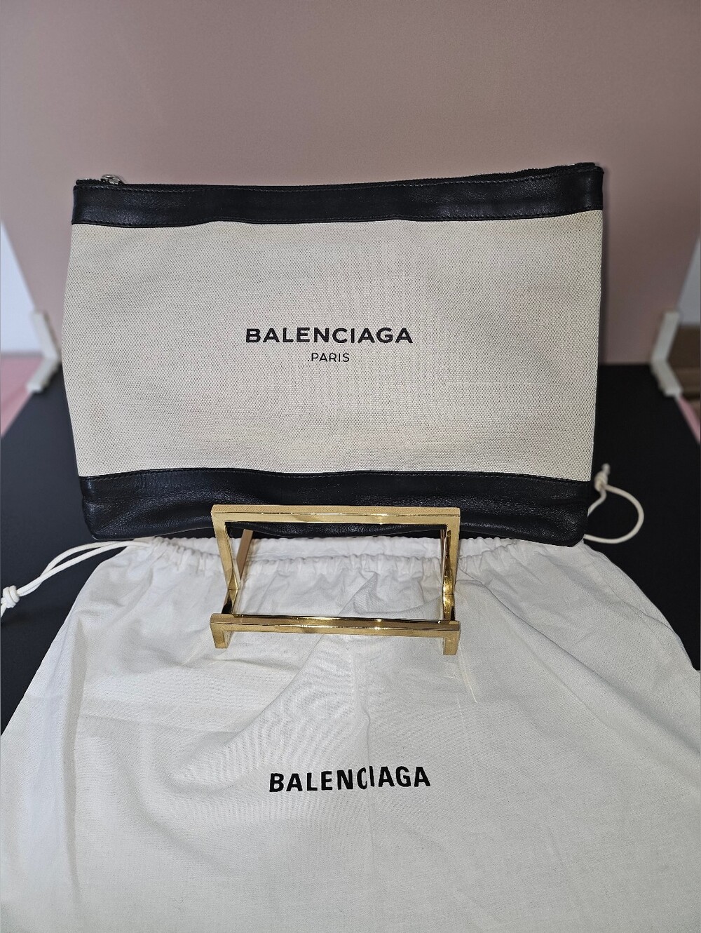 Balenciaga Cream Canvas and Black Leather Trim Zip Pouch